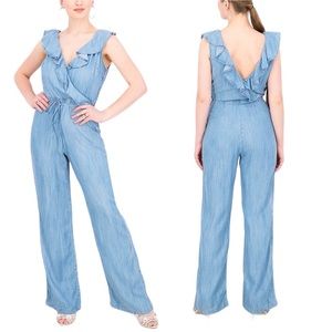 Guess Chambray Wide Leg Ruffled Tie Surplice Jumpsuit
